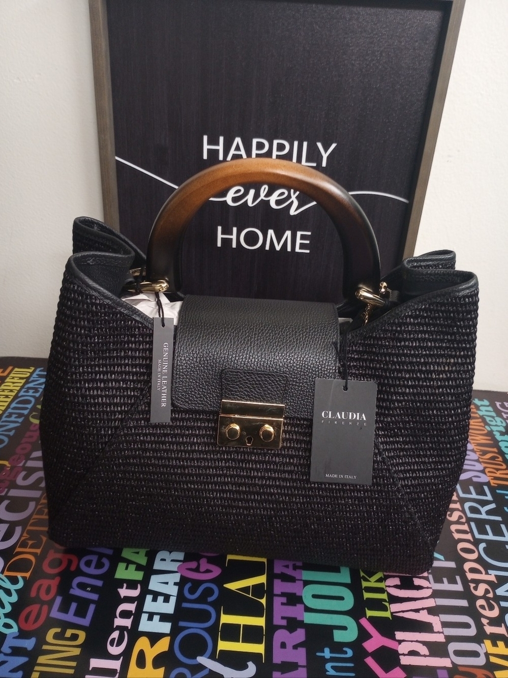 Exclusive Claudia Firenze Black Woven Satchel with an Tortoise Shell Handle!.